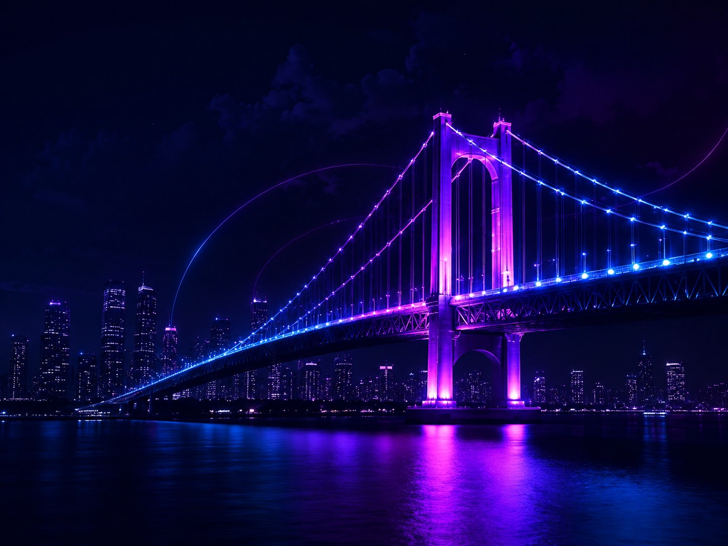 Neon bridge over water at night